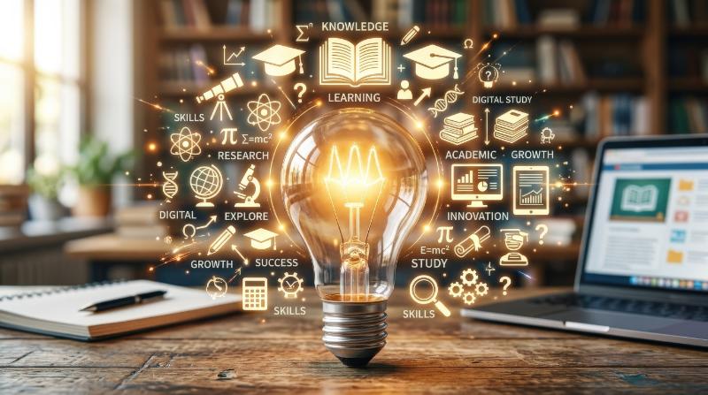 A glowing light bulb surrounded by education and learning icons, digital study symbols, research graphics and academic cues, bright inspiring e-learning atmosphere, ultra-realistic, no logos.