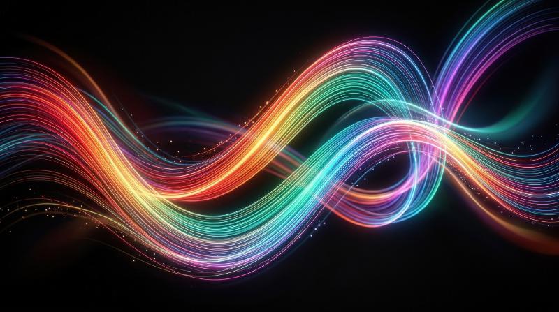 Abstract gradient line patterns on a black background, flowing rainbow ribbons, sleek graphic motion, luminous modern atmosphere, ultra-realistic, no logos.