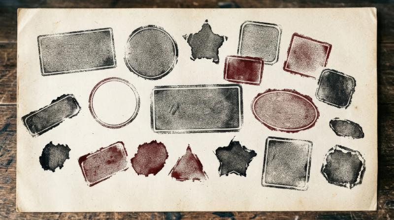 A collection of blank grungy rubber stamp shapes with worn edges and vintage postage texture, distressed print atmosphere, ultra-realistic, no logos.