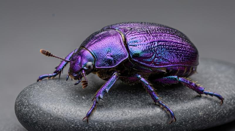 A magnificent metallic purple iridescent beetle in close-up, shimmering shell detail, vivid insect beauty, crisp studio atmosphere, ultra-realistic, no logos.