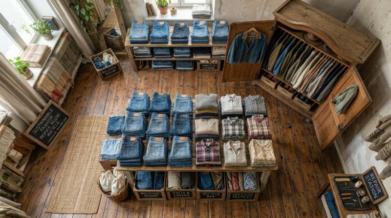 Top view of second hand clothes and a used wardrobe arranged for circular fashion, folded denim, varied fabrics, sustainable retail styling, eco-friendly shopping and clothing recycling mood,