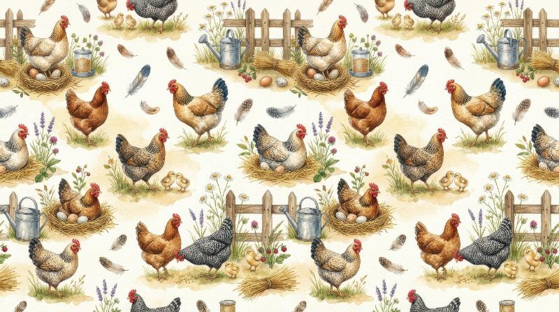 Watercolor chicken farm pattern with hens, feathers and rustic country details, seamless pastoral repeat in a cozy farmhouse mood, ultra-realistic, no logos.