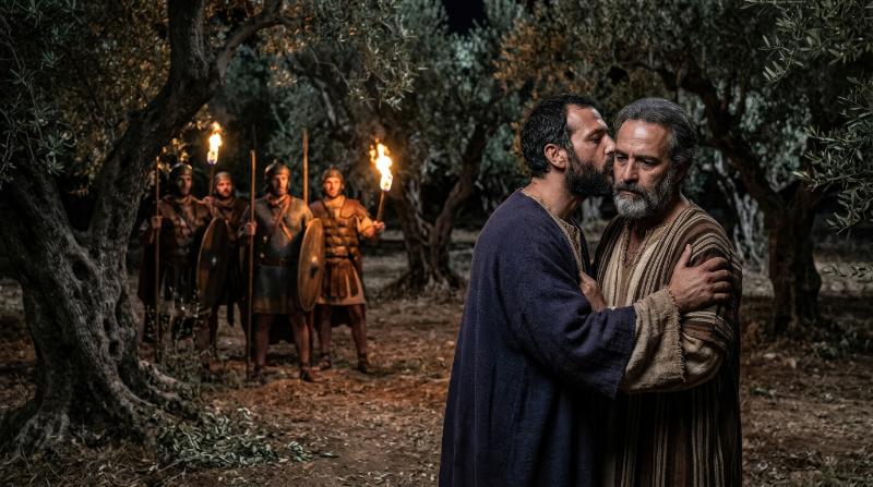A man kissing another in a dark olive grove to betray him, torchlight, ancient robes, tense soldiers nearby and a haunting Easter Passion mood, ultra-realistic, no logos.