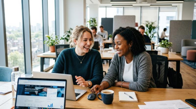 Two women laughing and using a laptop in a bright office, open workspace, soft reflections on the desk, lively natural light and easy camaraderie, ultra-realistic, no logos.