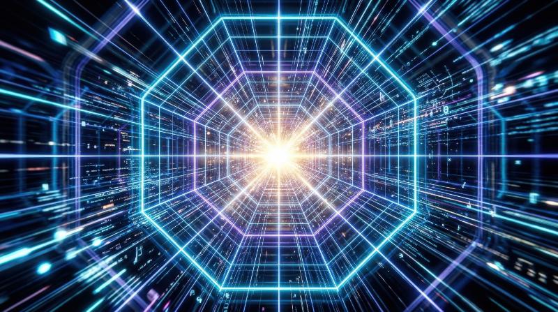A futuristic grid tunnel with a radiant light burst at the center, high-speed data-flow perspective and immersive virtual depth, ultra-realistic, no logos.