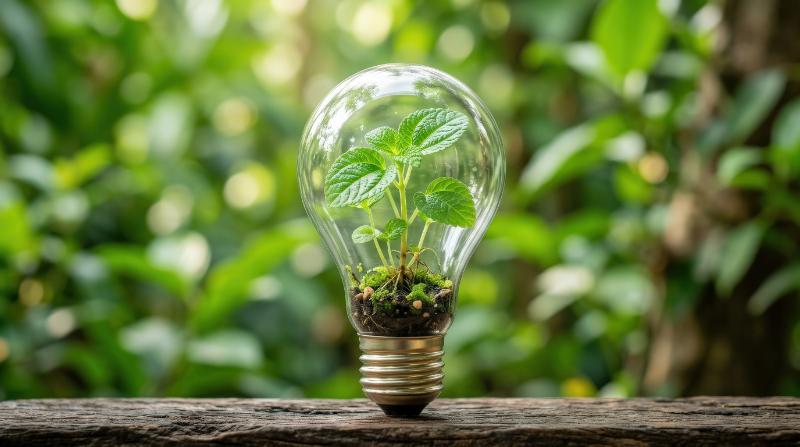 A green plant growing inside a clear light bulb on a green background, fresh leaves and transparent glass, eco symbolism, soft vibrant light, clean optimistic mood, ultra-realistic, no logos.