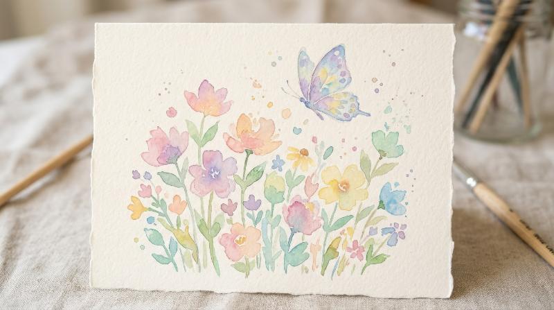 A cute watercolor floral card with abstract wildflowers and a flying butterfly, tender pastel mood, dreamy childlike elegance, ultra-realistic, no logos.