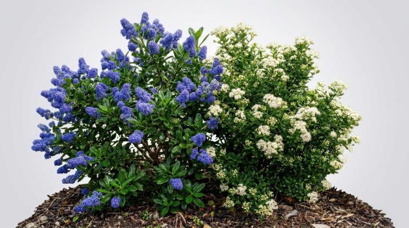 California lilac and New Jersey tea with clustered blossoms and dense leaves, isolated high-resolution shrub composition in fresh natural light, ultra-realistic, no logos.