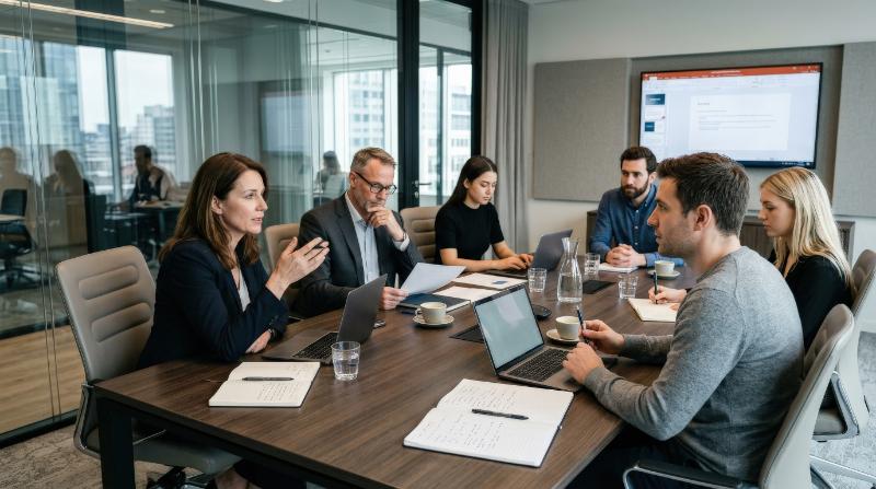 A business meeting in a modern office with colleagues gathered around a conference table, laptops, papers and thoughtful gestures, refined interior with glass partitions and muted colors, bright