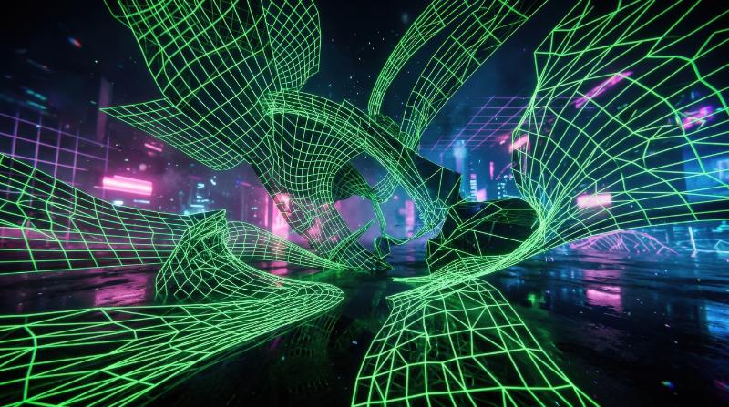 A set of distorted neon green wireframe grids, futuristic warped geometry and vaporwave energy with a glossy late-90s digital mood, ultra-realistic, no logos.
