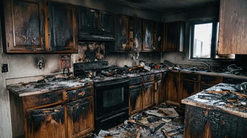 A kitchen after a fire with scorched cabinets smoke damage and extinguished flames, realistic debris, darkened surfaces, somber aftermath, visual concept of prevention response and recovery,