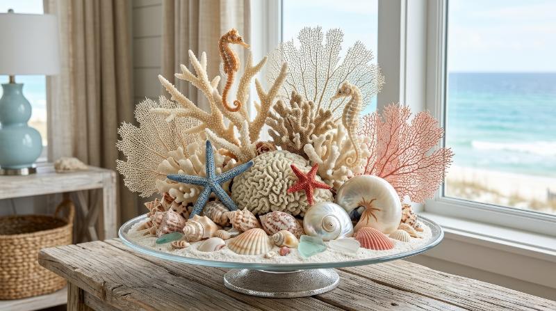 A decorative marine coral arrangement with shells, starfish and seahorses, airy coastal elegance and refined underwater beauty, ultra-realistic, no logos.