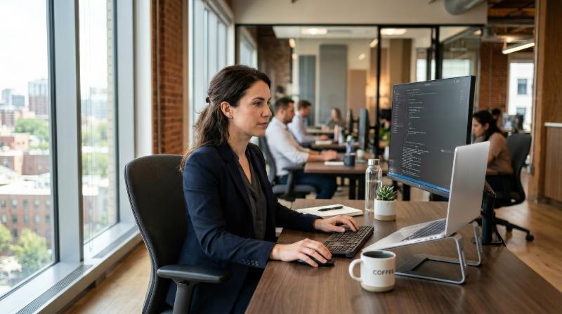 A woman working at a computer in a modern office, sleek desk, natural light, focused professional atmosphere, ultra-realistic, no logos.
