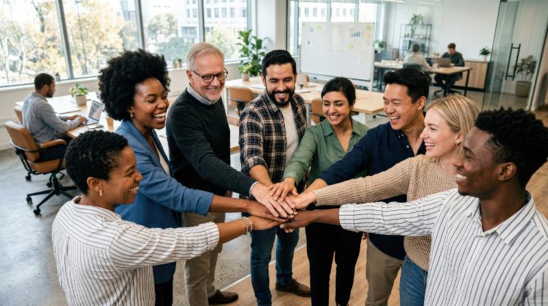 A diverse group placing hands together in unity during a team-building session, modern office backdrop, layered hands and smiling faces, strong supportive atmosphere with clean daylight,