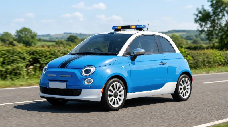A cute blue and white car with a black stripe and rooftop light, rounded compact shape, playful clean styling, bright simple background, ultra-realistic, no logos.