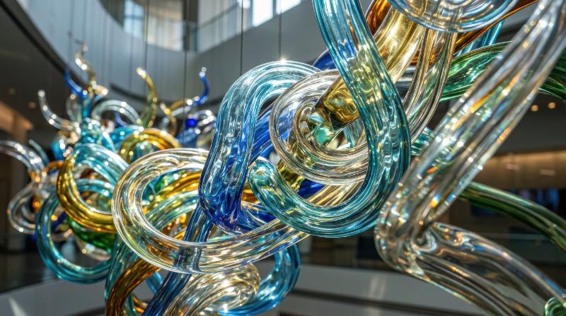 A vivid abstract glass texture with twisted forms and reflective light patterns, luminous surfaces and sleek contemporary depth, ultra-realistic, no logos.