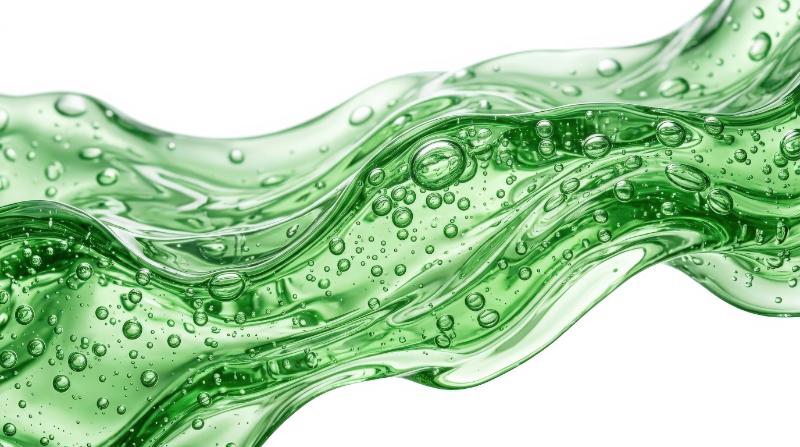 Abstract transparent green liquid waves with bubbles isolated on white, aloe-like moisturizing gel texture and soft organic freshness, ultra-realistic, no logos.
