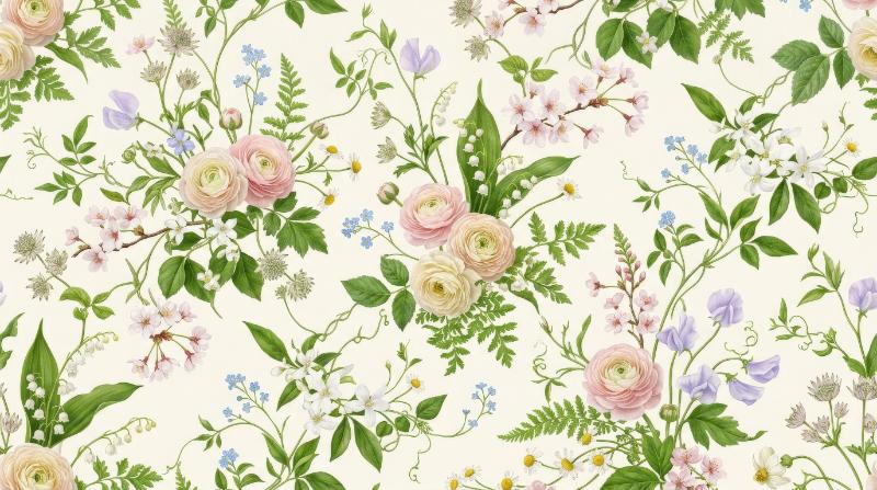 A seamless floral pattern with delicate spring flowers and green leaves, fresh natural detail and calm feminine atmosphere, ultra-realistic, no logos.