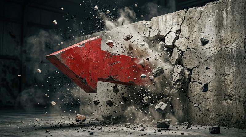 A large red arrow crashing through a solid wall, debris exploding outward, powerful motion, minimal backdrop, symbol of market disruption breakthrough and overcoming obstacles, intense dramatic