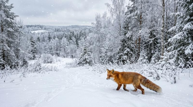 A winter panorama with a red fox in the snowy foreground, frosted trees, drifting snowflakes and quiet forest beauty, ultra-realistic, no logos.