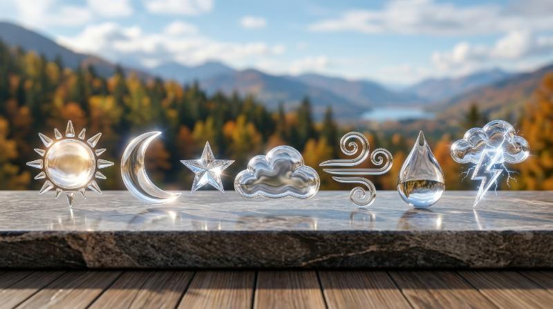 A transparent weather icon set featuring lightning, raindrop, wind, sun, moon, star and cloud, polished surfaces and a refined seasonal-forecast atmosphere, ultra-realistic, no logos.
