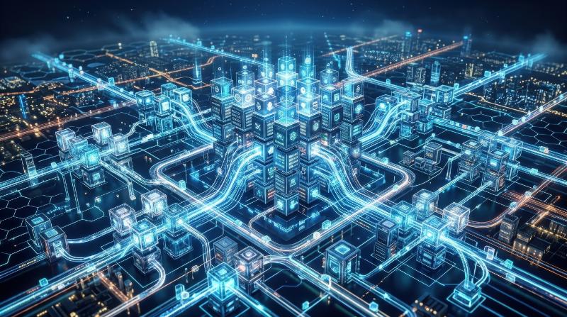 A dynamic isometric data network with glowing blocks and linked paths, advanced blockchain-server concept in clean futuristic blue, ultra-realistic, no logos.