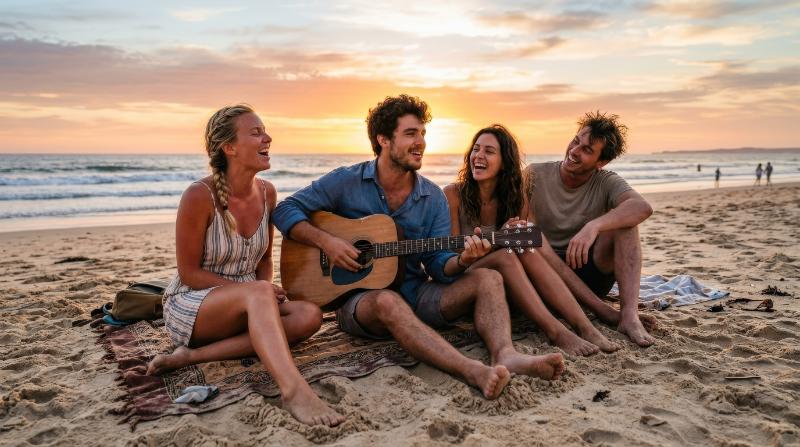 Friends on the beach playing guitar and singing, barefoot in the sand, ocean behind them, easy summer camaraderie, warm sunset glow, ultra-realistic, no logos.