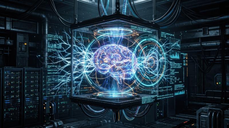 A futuristic AGI digital brain suspended in a dark tech environment, layered HUD data rings and luminous neural pathways surrounding it, powerful intelligent atmosphere, ultra-realistic, no logos.