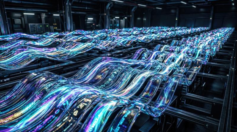 Rows of glass holographic curved shapes forming a dynamic data-array pattern, iridescent motion effect, futuristic tech energy, ultra-realistic, no logos.