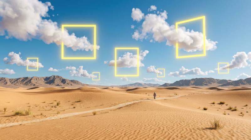 A surreal desert landscape with white clouds drifting into yellow square portals under bright sunlight, minimal dreamlike space and otherworldly serenity, ultra-realistic, no logos.