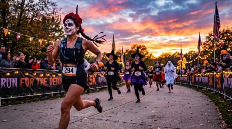 A Hispanic woman with sugar skull makeup running in a Halloween-themed marathon at sunset, other participants behind her, dramatic sky, energetic festive motion, ultra-realistic, no logos.