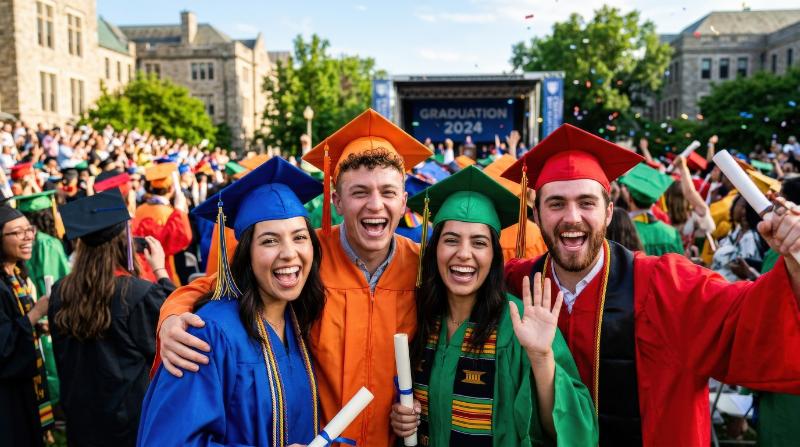 Faces of graduates wearing caps in bright colors, proud expressions, celebratory academic energy, vibrant uplifting atmosphere, ultra-realistic, no logos.