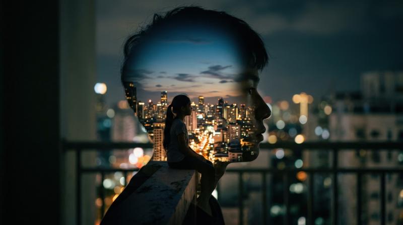 A poetic double-exposure scene of a girl's silhouette seated before a cityscape within a boy's profile, layered urban lights, introspective mood, soft cinematic glow, ultra-realistic, no logos.