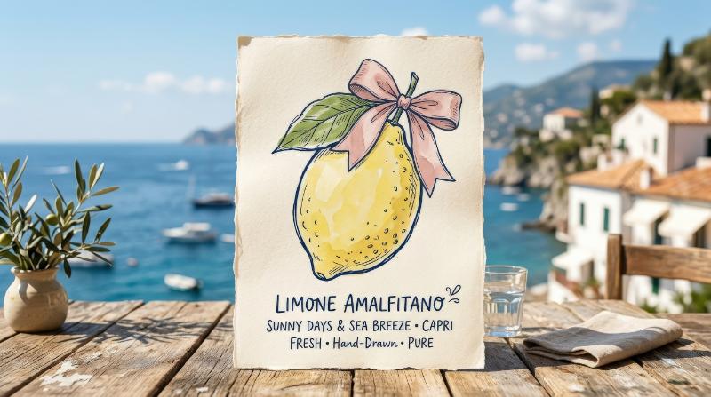 A lemon doodle with leaf and coquette bow, hand-drawn citrus linework and soft Mediterranean poster charm, fresh sunny coastal mood, ultra-realistic, no logos.