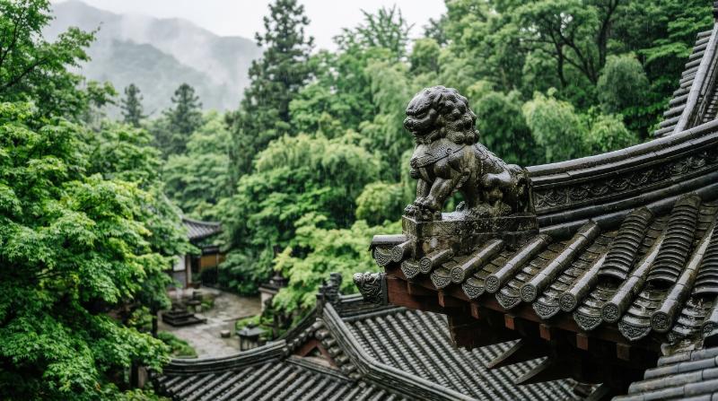 A guardian lion statue on the roof of a traditional building in gentle rain, lush green trees surrounding it, detailed tiles and raindrops, serene contemplative atmosphere, ultra-realistic, no logos.