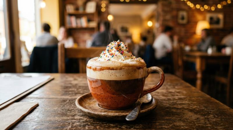 A warm cup of coffee topped with whipped cream and colorful sprinkles, rich foam and glossy ceramic, cozy tabletop scene, soft golden light, comforting cafe atmosphere, ultra-realistic, no logos.