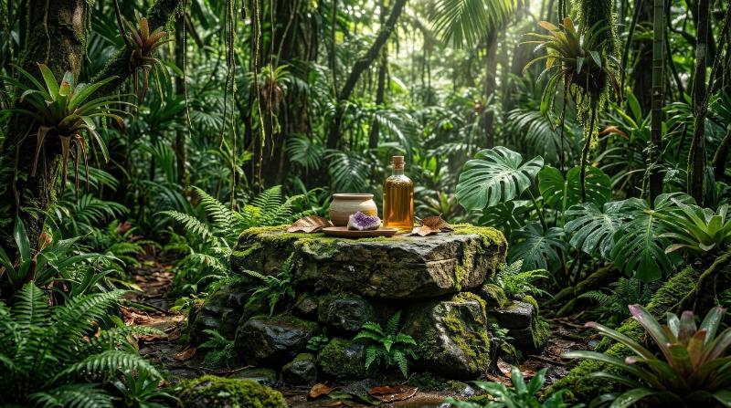 A rugged stone podium set deep in a tropical forest for product display, mossy textures, lush foliage, filtered sunlight and humid exotic atmosphere, ultra-realistic, no logos.