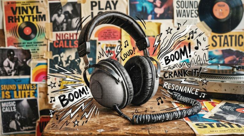 Vintage halftone headphones with doodled sound accents, modern retro music collage styling, energetic audio-inspired mood with gritty charm, ultra-realistic, no logos.