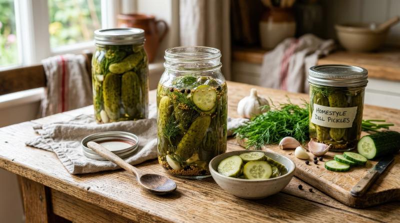 A pickled cucumber arrangement with jars, sliced pickles, dill, garlic, and brine reflections on a rustic table, crisp textures and homestyle preserving atmosphere, ultra-realistic, no logos.