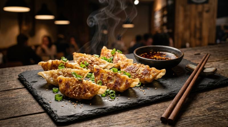 Crispy pan-fried dumplings garnished with fresh green onions, served with soy sauce and chopsticks on a dark slate plate, golden crust, appetizing steam and moody restaurant light, ultra-realistic, no