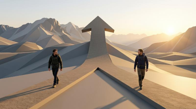 Two men walking on separate paths that merge into one large upward arrow, minimalist landscape, smooth geometry, bright directional light and a strong atmosphere of partnership and unified growth,