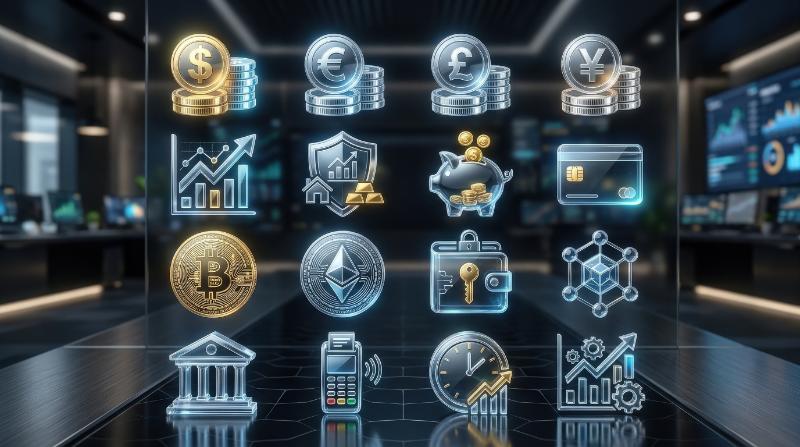 A crystal-clear finance icon set with money, currency, investment, and cryptocurrency symbols, glossy futuristic surfaces, premium fintech atmosphere, ultra-realistic, no logos.