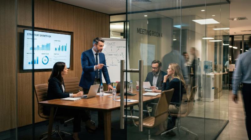 A male business expert planning strategies with colleagues seen through a transparent board room door, layered reflections, modern office design, focused executive mood, ultra-realistic, no logos.