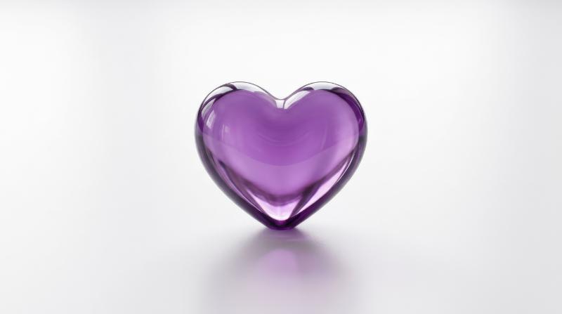 A purple translucent heart shape on a white background, smooth glossy surface, soft light and elegant romantic minimalism, ultra-realistic, no logos.