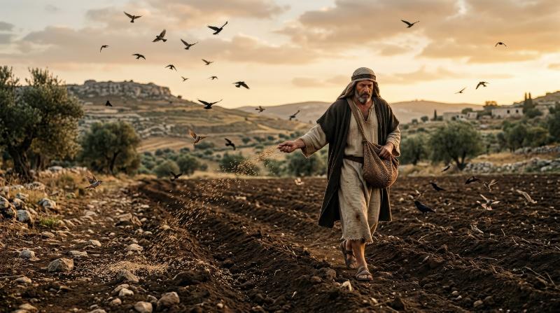 A man sowing seeds in a plowed field with birds flying overhead, portraying the parable of the sower, rugged countryside, soft golden light, reflective biblical atmosphere, ultra-realistic, no logos.