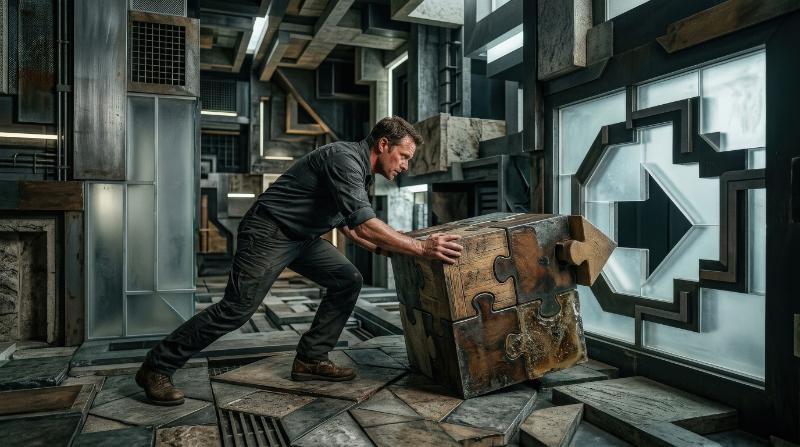A man pushing a puzzle-shaped cube toward a missing arrow piece, abstract geometric setting, tactile surfaces, mood of effort, connection and strategic problem solving, ultra-realistic, no logos.