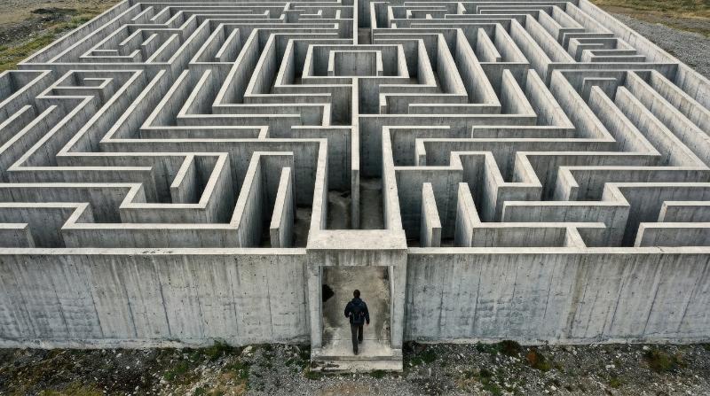 Top view of a man entering a vast concrete maze, sharp corridors and dead ends, stark geometry, soft overhead light, symbol of challenge confusion and life journey, tense conceptual atmosphere,