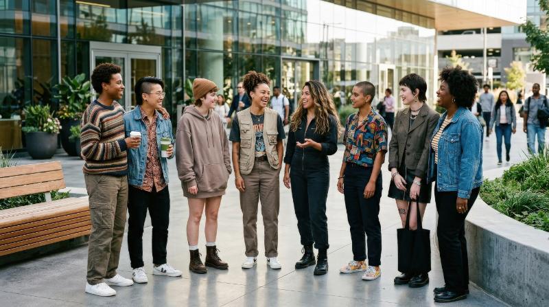 A diverse group of non-binary people gathered in a modern public space, varied fashion and expressions, inclusive uplifting atmosphere, ultra-realistic, no logos.