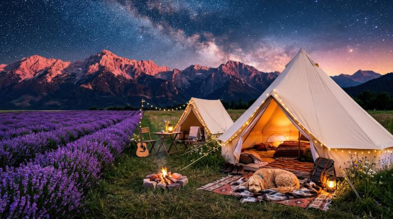 A dreamy camping scene by a lavender field, fluffy pet near tents, stars above, mountains at sunset, cozy magical atmosphere, ultra-realistic, no logos.