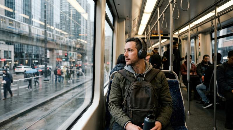 A man using public transportation in the city, seated by a window with urban reflections, modern transit interior, natural candid mood, everyday metropolitan atmosphere, ultra-realistic, no logos.